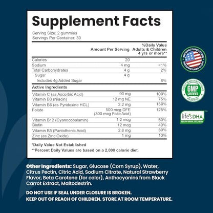 INTEGO NUTRITION Vitamin B Komplex Gummis für Erwachsene – B-Vitamin-Komplex für Energie und Gehirngesundheit – Natürlicher Erdbeergeschmack – 60 Stück