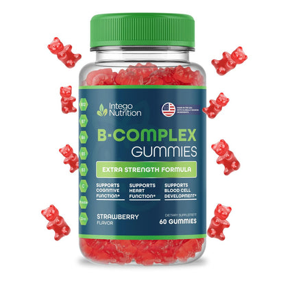 INTEGO NUTRITION Vitamin B Komplex Gummis für Erwachsene – B-Vitamin-Komplex für Energie und Gehirngesundheit – Natürlicher Erdbeergeschmack – 60 Stück