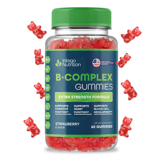 INTEGO NUTRITION Vitamin B Komplex Gummis für Erwachsene – B-Vitamin-Komplex für Energie und Gehirngesundheit – Natürlicher Erdbeergeschmack – 60 Stück