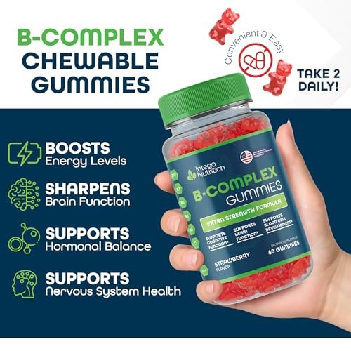 INTEGO NUTRITION Vitamin B Komplex Gummis für Erwachsene – B-Vitamin-Komplex für Energie und Gehirngesundheit – Natürlicher Erdbeergeschmack – 60 Stück