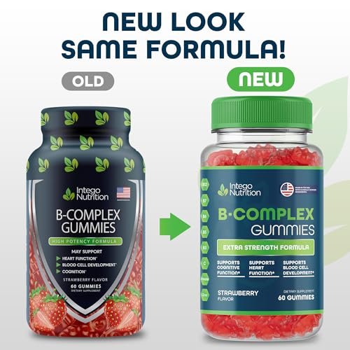INTEGO NUTRITION Vitamin B Komplex Gummis für Erwachsene – B-Vitamin-Komplex für Energie und Gehirngesundheit – Natürlicher Erdbeergeschmack – 60 Stück