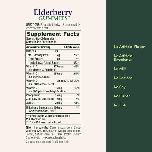 Nature's Bounty Holunderbeeren Gummibärchen – Immunsystem-Unterstützung mit Vitamin A, C, D, E und Zink, 100 mg, 70 Stück