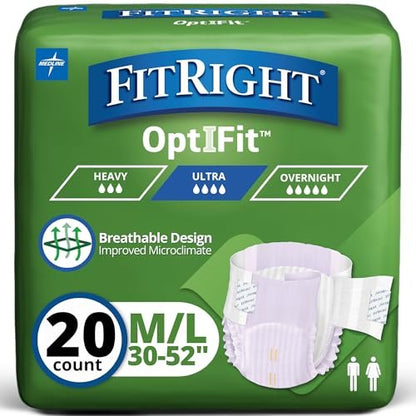 FitRight Stretch Inkontinenz-Einlagen für Erwachsene mit Klebelaschen, saugstark, Größe 1, 76–132 cm, 20 Stück