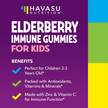 Holunderbeeren Gummibärchen für Kinder mit Zink und Vitamin C – Immununterstützung für Kinder – 60 Stück, vegan, Beerengeschmack – Praktische tägliche Abwehr mit Antioxidantien und essentiellen Nährstoffen