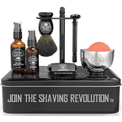 Viking Revolution Luxus Rasier-Set für Herren – Sicherheitsrasierer aus Edelstahl, Rasierschale, Pinsel aus Dachshaar, Pre-Shave-Öl & Aftershave-Balsam – 7-teiliges Set in Schwarz