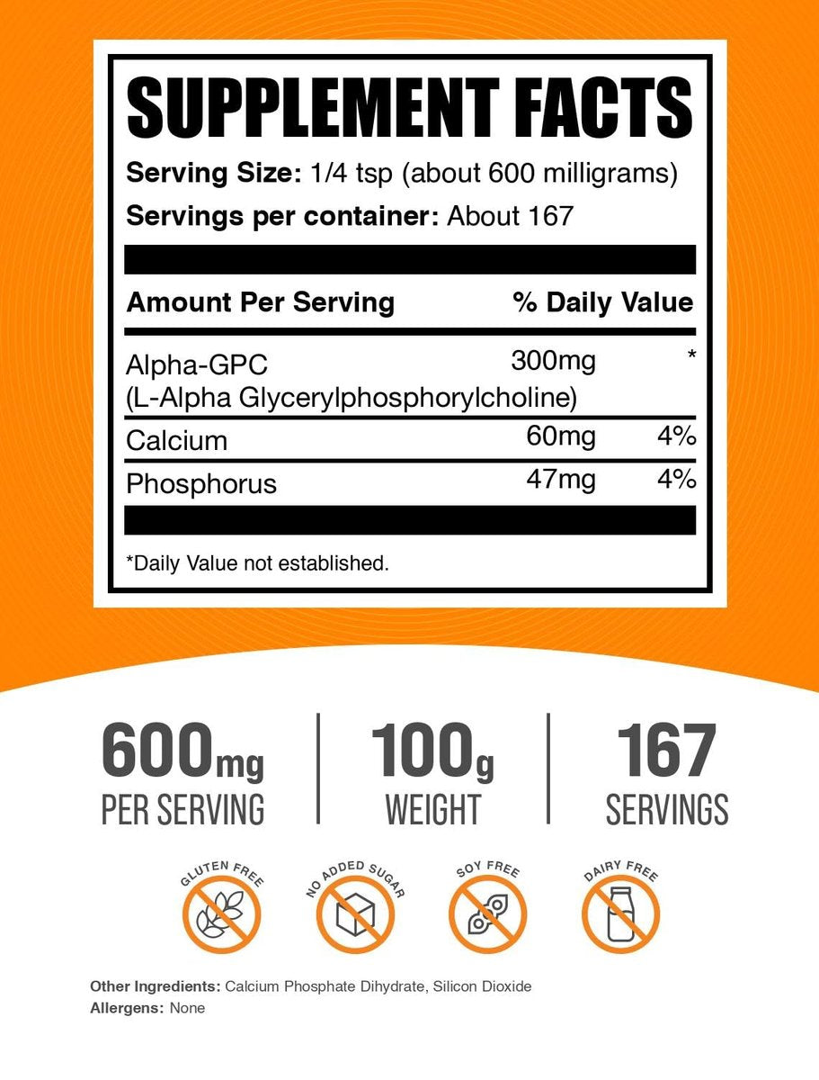 BulkSupplements.com Alpha GPC Pulver - Cholinpräparat, 600 mg pro Portion, ungewürzt & glutenfrei, 100 g (3,5 oz) (1er-Pack)