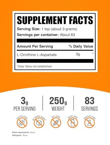 L-Ornithin L-Aspartat Pulver – 250g (8,8 oz) – Aminosäurepräparat, glutenfrei, 3g pro Portion