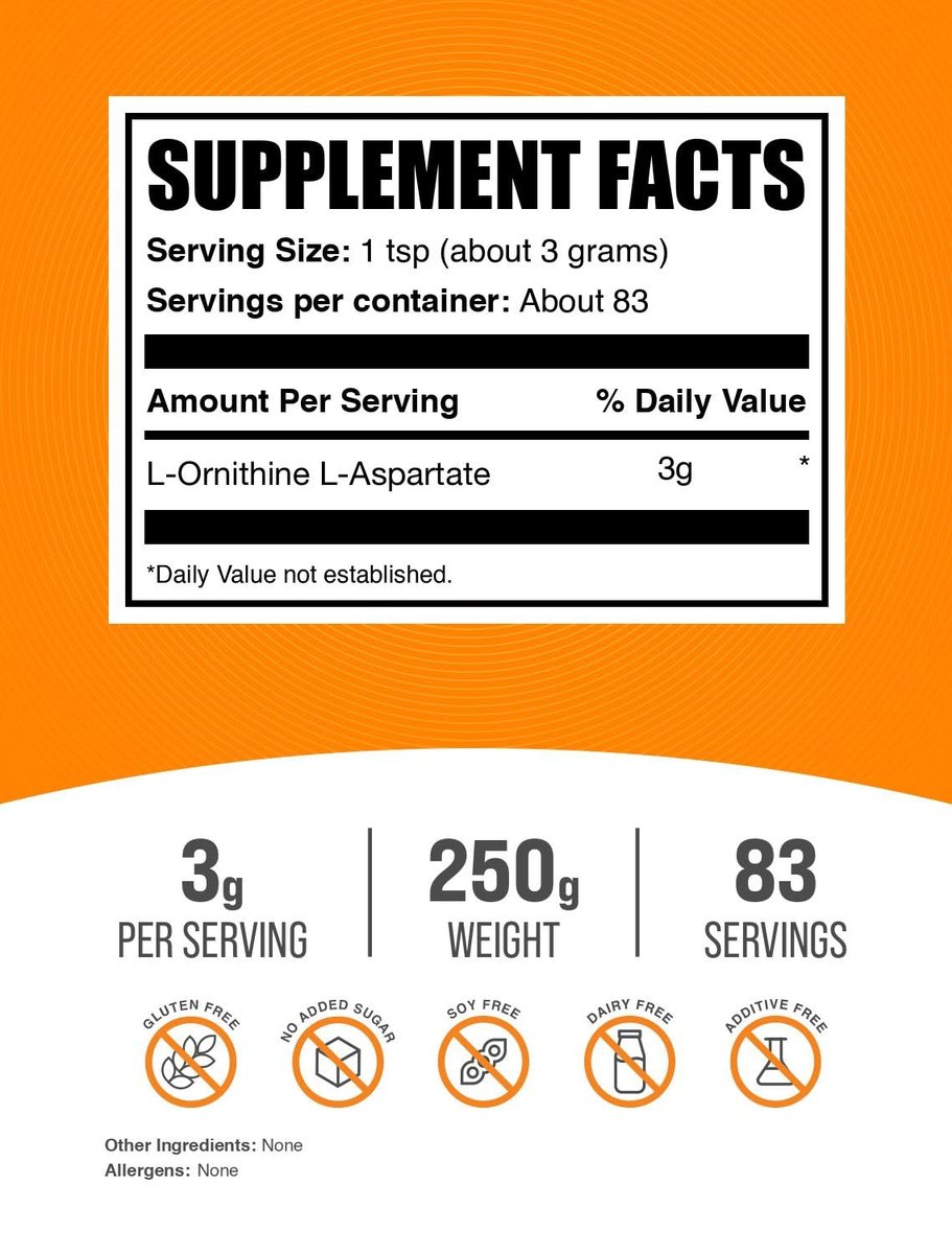 L-Ornithin L-Aspartat Pulver – 250g (8,8 oz) – Aminosäurepräparat, glutenfrei, 3g pro Portion
