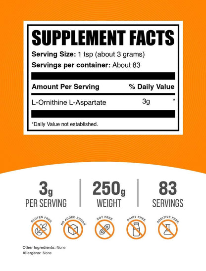 L-Ornithin L-Aspartat Pulver – 250g (8,8 oz) – Aminosäurepräparat, glutenfrei, 3g pro Portion