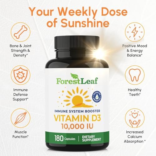 ForestLeaf Vitamin D3 10.000 IE | Hochdosiertes Vitamin D für Knochen, Zähne & Immunsystem | 180 Kapseln, 6-Monats-Vorrat