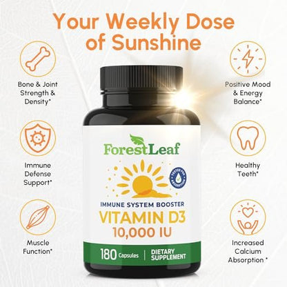ForestLeaf Vitamin D3 10.000 IE | Hochdosiertes Vitamin D für Knochen, Zähne & Immunsystem | 180 Kapseln, 6-Monats-Vorrat