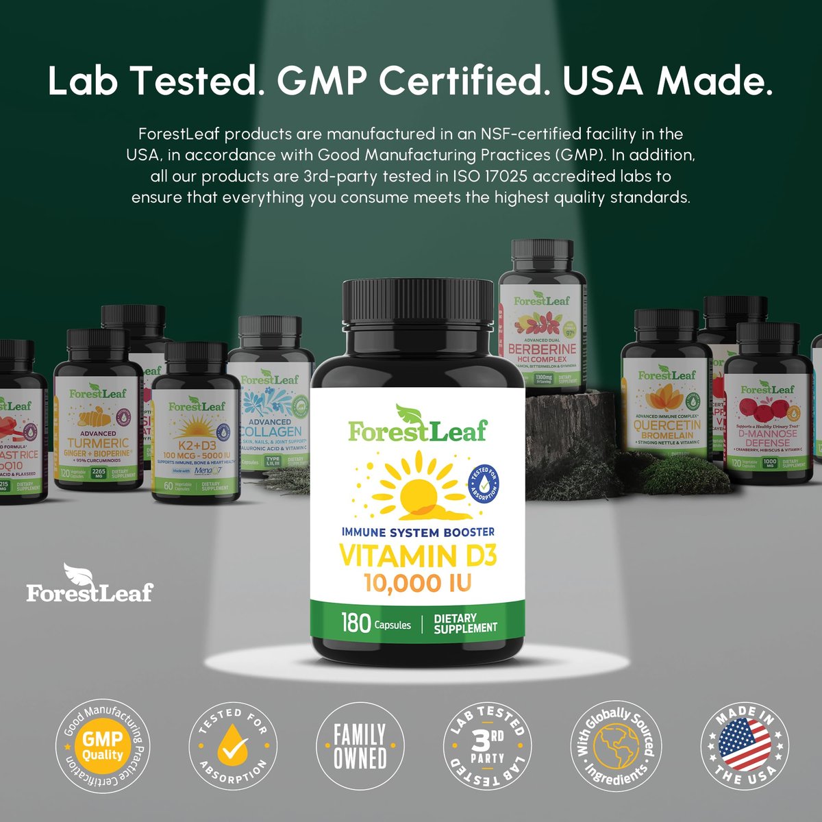ForestLeaf Vitamin D3 10.000 IE | Hochdosiertes Vitamin D für Knochen, Zähne & Immunsystem | 180 Kapseln, 6-Monats-Vorrat