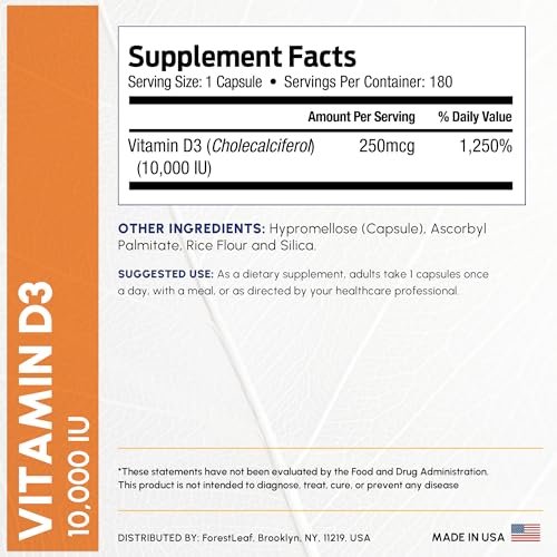 ForestLeaf Vitamin D3 10.000 IE | Hochdosiertes Vitamin D für Knochen, Zähne & Immunsystem | 180 Kapseln, 6-Monats-Vorrat