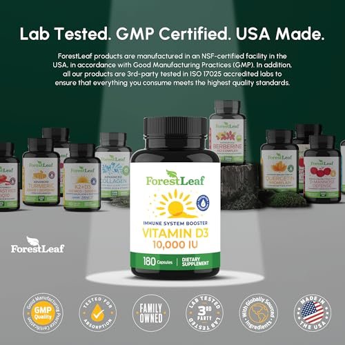 ForestLeaf Vitamin D3 10.000 IE | Hochdosiertes Vitamin D für Knochen, Zähne & Immunsystem | 180 Kapseln, 6-Monats-Vorrat