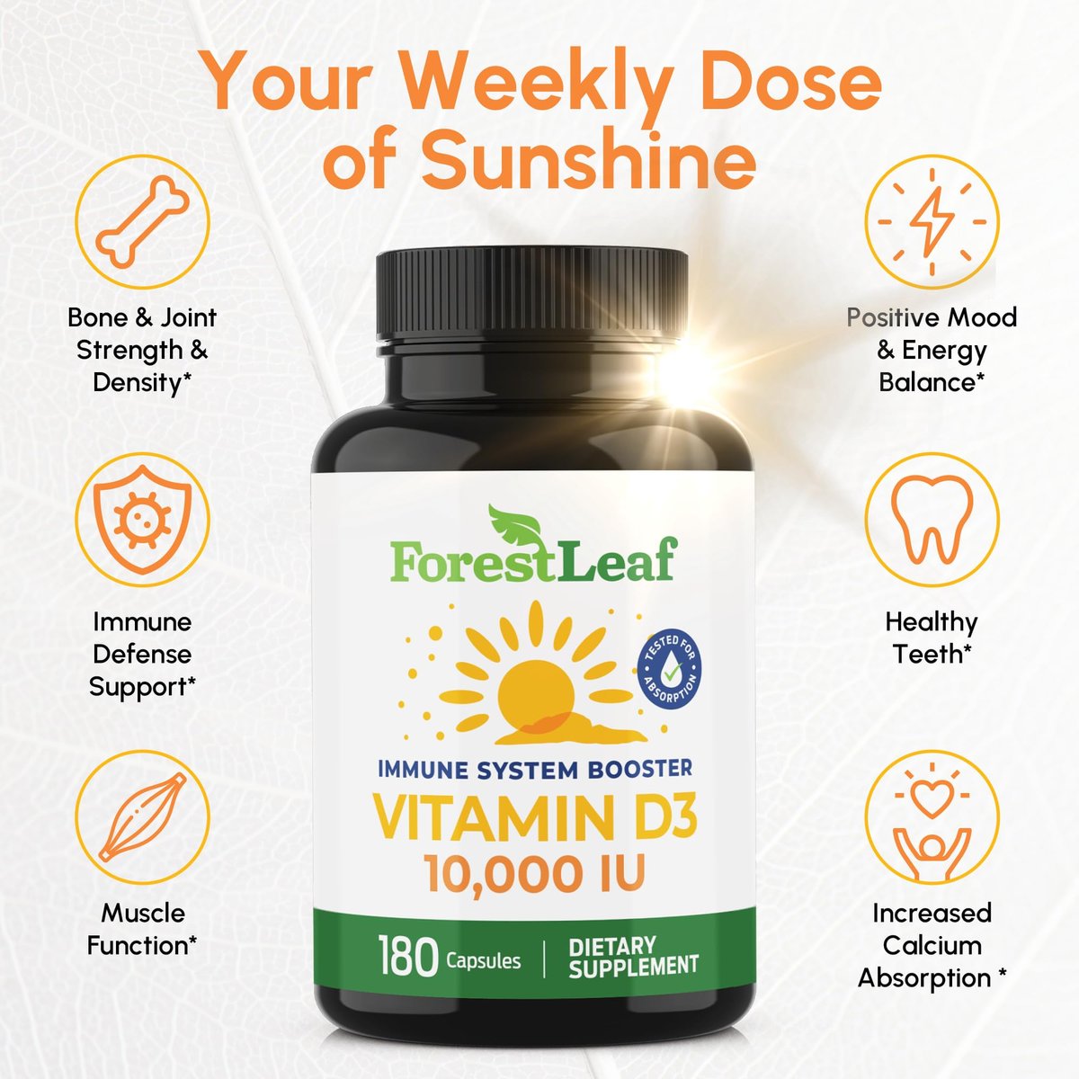 ForestLeaf Vitamin D3 10.000 IE | Hochdosiertes Vitamin D für Knochen, Zähne & Immunsystem | 180 Kapseln, 6-Monats-Vorrat