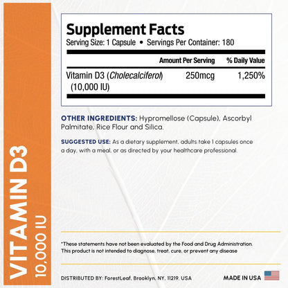 ForestLeaf Vitamin D3 10.000 IE | Hochdosiertes Vitamin D für Knochen, Zähne & Immunsystem | 180 Kapseln, 6-Monats-Vorrat
