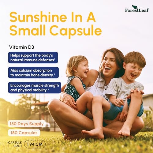 ForestLeaf Vitamin D3 10.000 IE | Hochdosiertes Vitamin D für Knochen, Zähne & Immunsystem | 180 Kapseln, 6-Monats-Vorrat