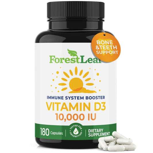 ForestLeaf Vitamin D3 10.000 IE | Hochdosiertes Vitamin D für Knochen, Zähne & Immunsystem | 180 Kapseln, 6-Monats-Vorrat