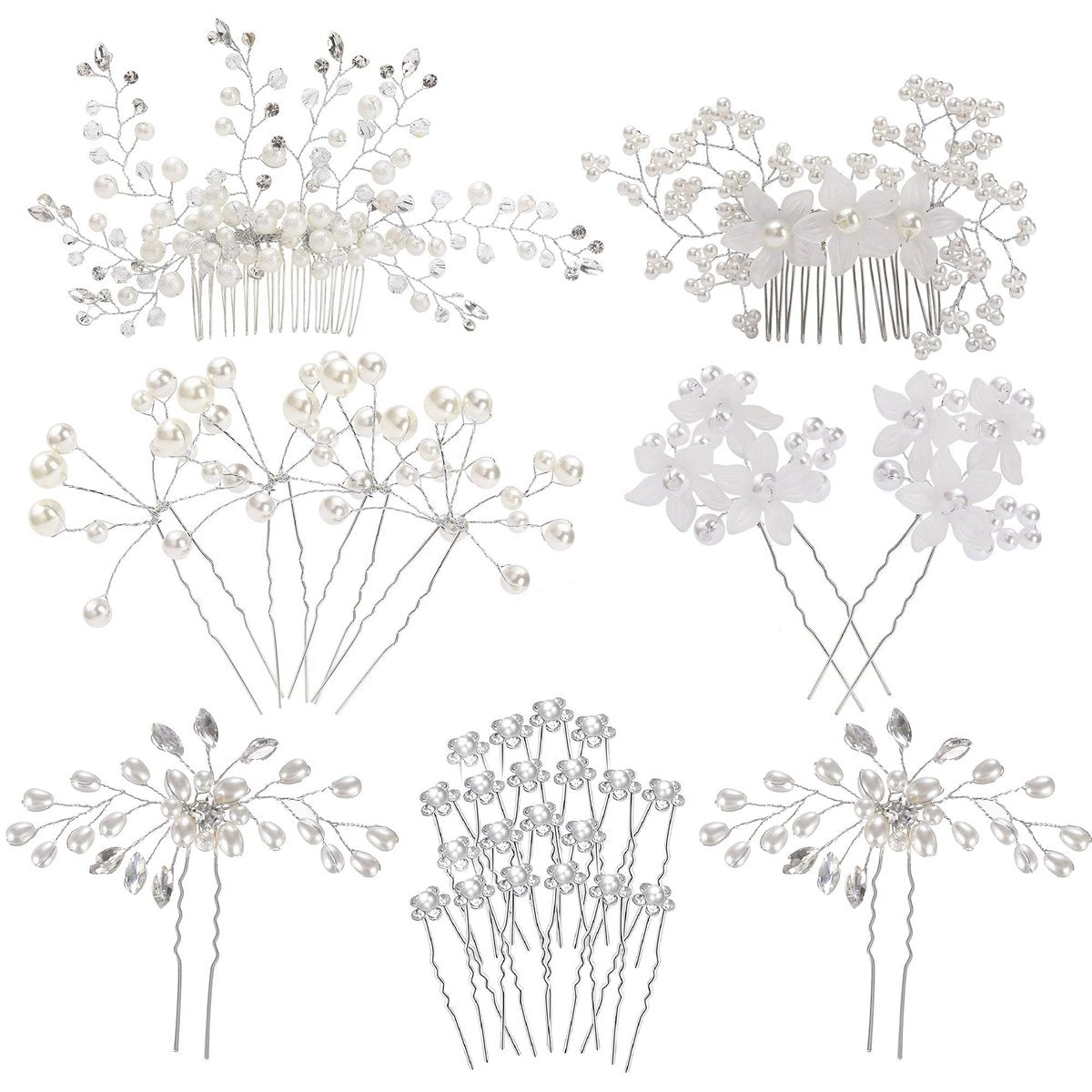 inSowni 30-teiliges Set Silberne Hochzeits-Haarkämme + U-förmige Haarnadeln für Braut, Brautjungfern – mit Perlen, Strass und Baby-Atem-Blumen