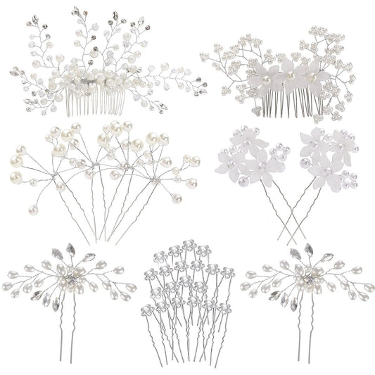 inSowni 30-teiliges Set Silberne Hochzeits-Haarkämme + U-förmige Haarnadeln für Braut, Brautjungfern – mit Perlen, Strass und Baby-Atem-Blumen