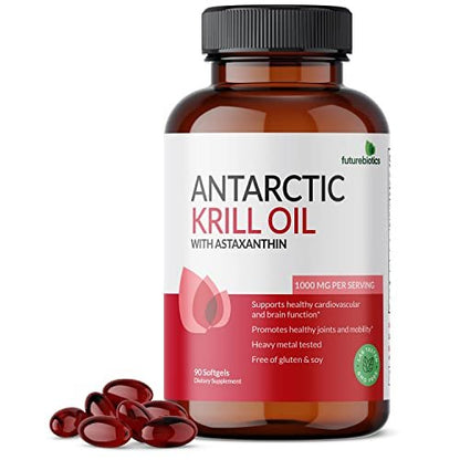 Futurebiotics Antarktischer Krillöl 1000 mg mit Omega-3-Fettsäuren EPA, DHA, Astaxanthin und Phospholipiden – Premium Krillöl, Schwermetall getestet, Nicht-GVO – 90 Weichkapseln (45 Portionen)