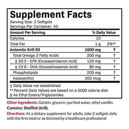 Futurebiotics Antarktischer Krillöl 1000 mg mit Omega-3-Fettsäuren EPA, DHA, Astaxanthin und Phospholipiden – Premium Krillöl, Schwermetall getestet, Nicht-GVO – 90 Weichkapseln (45 Portionen)