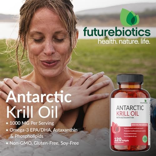 Futurebiotics Antarktischer Krillöl 1000 mg mit Omega-3-Fettsäuren EPA, DHA, Astaxanthin und Phospholipiden – Premium Krillöl, Schwermetall getestet, Nicht-GVO – 90 Weichkapseln (45 Portionen)