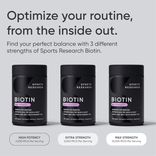 Sports Research® Biotin 2.500 mcg mit Bio-Kokosöl – Biotin (Vitamin B7) für gesunde Haut und Haare* – für Frauen und Männer – Vegan, Nicht-GVO, Gluten- & Sojafrei – 120 vegane Weichkapseln