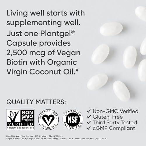 Sports Research® Biotin 2.500 mcg mit Bio-Kokosöl – Biotin (Vitamin B7) für gesunde Haut und Haare* – für Frauen und Männer – Vegan, Nicht-GVO, Gluten- & Sojafrei – 120 vegane Weichkapseln
