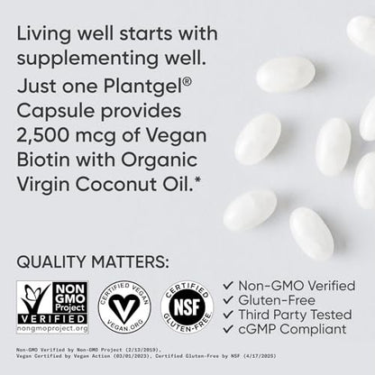 Sports Research® Biotin 2.500 mcg mit Bio-Kokosöl – Biotin (Vitamin B7) für gesunde Haut und Haare* – für Frauen und Männer – Vegan, Nicht-GVO, Gluten- & Sojafrei – 120 vegane Weichkapseln