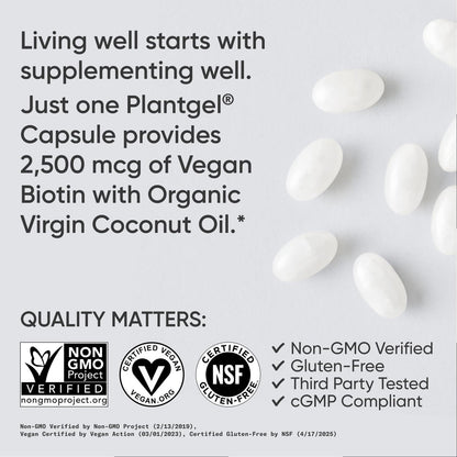 Sports Research® Biotin 2.500 mcg mit Bio-Kokosöl – Biotin (Vitamin B7) für gesunde Haut und Haare* – für Frauen und Männer – Vegan, Nicht-GVO, Gluten- & Sojafrei – 120 vegane Weichkapseln