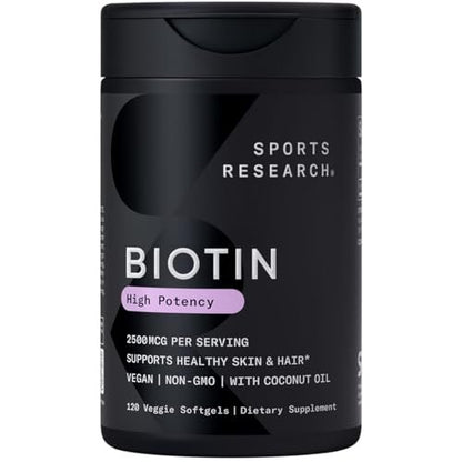 Sports Research® Biotin 2.500 mcg mit Bio-Kokosöl – Biotin (Vitamin B7) für gesunde Haut und Haare* – für Frauen und Männer – Vegan, Nicht-GVO, Gluten- & Sojafrei – 120 vegane Weichkapseln
