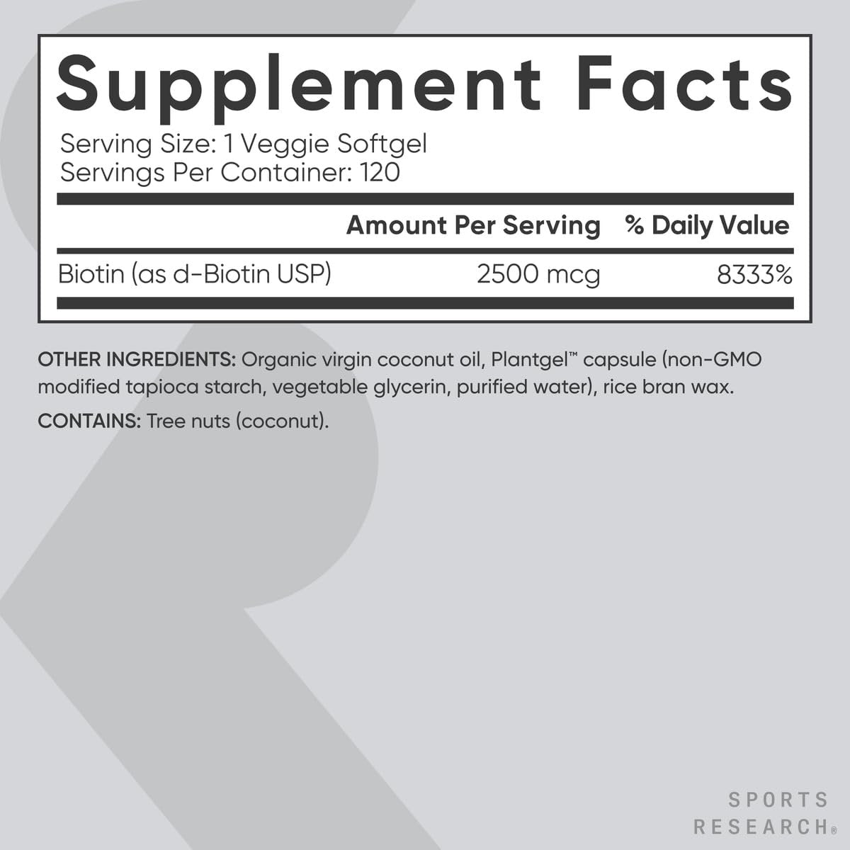 Sports Research® Biotin 2.500 mcg mit Bio-Kokosöl – Biotin (Vitamin B7) für gesunde Haut und Haare* – für Frauen und Männer – Vegan, Nicht-GVO, Gluten- & Sojafrei – 120 vegane Weichkapseln