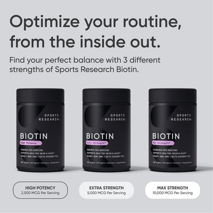 Sports Research® Biotin 2.500 mcg mit Bio-Kokosöl – Biotin (Vitamin B7) für gesunde Haut und Haare* – für Frauen und Männer – Vegan, Nicht-GVO, Gluten- & Sojafrei – 120 vegane Weichkapseln