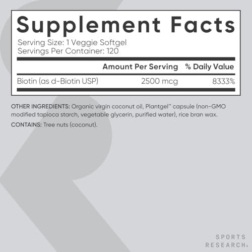 Sports Research® Biotin 2.500 mcg mit Bio-Kokosöl – Biotin (Vitamin B7) für gesunde Haut und Haare* – für Frauen und Männer – Vegan, Nicht-GVO, Gluten- & Sojafrei – 120 vegane Weichkapseln