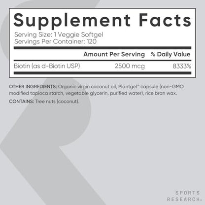 Sports Research® Biotin 2.500 mcg mit Bio-Kokosöl – Biotin (Vitamin B7) für gesunde Haut und Haare* – für Frauen und Männer – Vegan, Nicht-GVO, Gluten- & Sojafrei – 120 vegane Weichkapseln