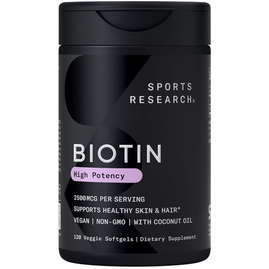 Sports Research® Biotin 2.500 mcg mit Bio-Kokosöl – Biotin (Vitamin B7) für gesunde Haut und Haare* – für Frauen und Männer – Vegan, Nicht-GVO, Gluten- & Sojafrei – 120 vegane Weichkapseln