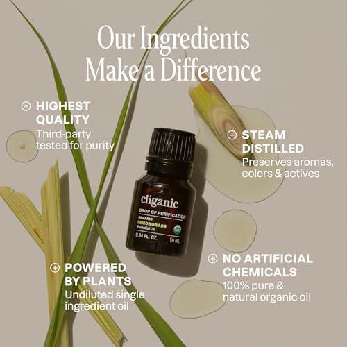 Cliganic Bio Lemongrass Ätherisches Öl USDA Organic - 100% Reines Natürliches Unverdünntes Öl für Aromatherapie Diffuser | Nicht-GVO Verifiziert