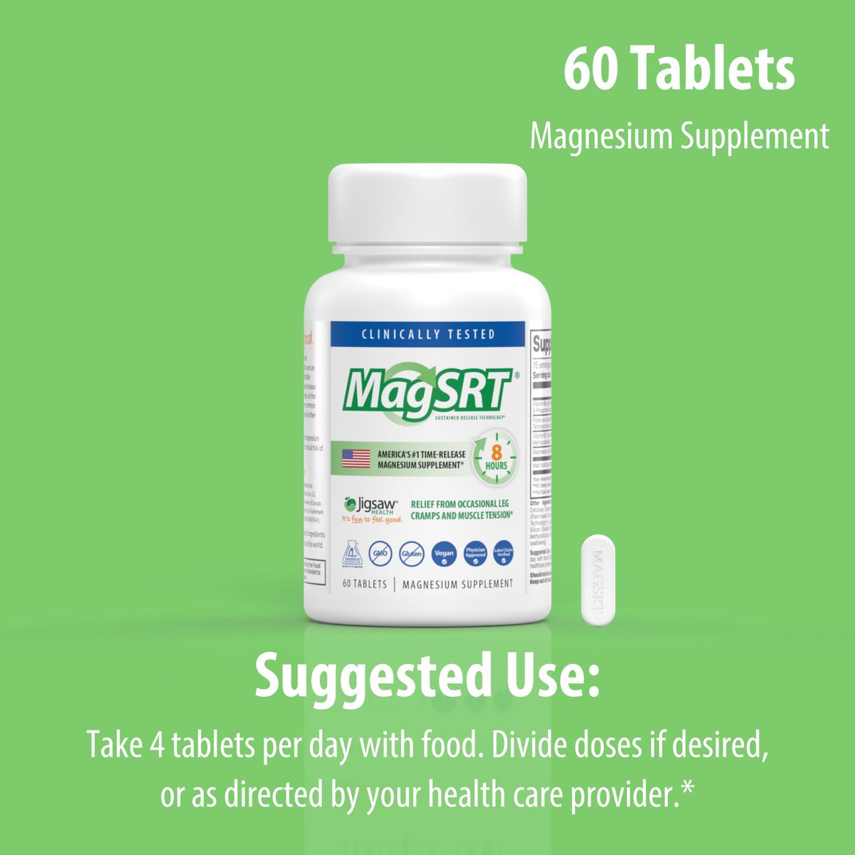 Jigsaw Health MagSRT Magnesium Komplex mit Vitamin B6, Folsäure & B12 – 60 Tabletten | 15 Portionen