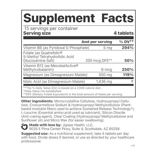 Jigsaw Health MagSRT Magnesium Komplex mit Vitamin B6, Folsäure & B12 – 60 Tabletten | 15 Portionen