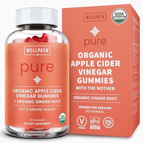 WellPath Bio-Apfelessig Gummibärchen mit der Mutter – USDA Bio ACV Gummis – Ingwer & Apfelessig mit Mutter für die Darmgesundheit – Vegan, Nicht-GVO, 60 Stück