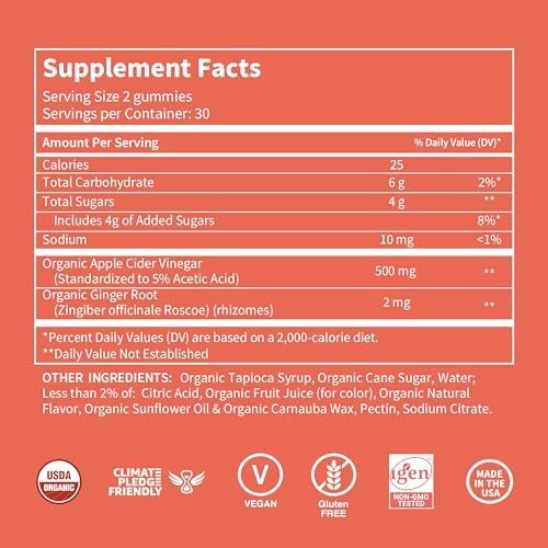 WellPath Bio-Apfelessig Gummibärchen mit der Mutter – USDA Bio ACV Gummis – Ingwer & Apfelessig mit Mutter für die Darmgesundheit – Vegan, Nicht-GVO, 60 Stück
