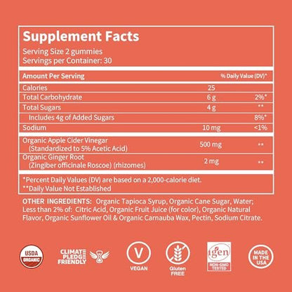 WellPath Bio-Apfelessig Gummibärchen mit der Mutter – USDA Bio ACV Gummis – Ingwer & Apfelessig mit Mutter für die Darmgesundheit – Vegan, Nicht-GVO, 60 Stück