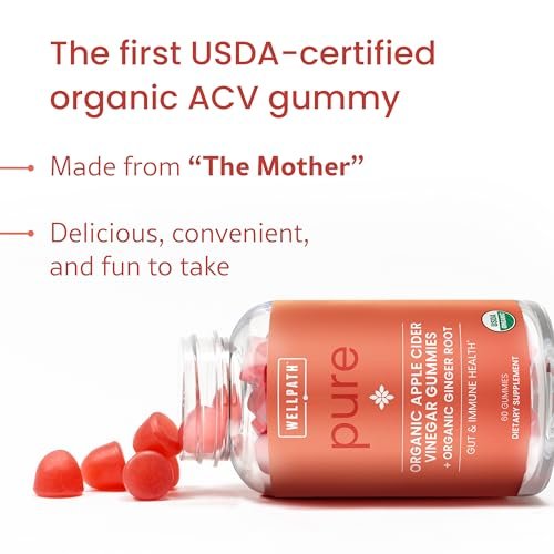 WellPath Bio-Apfelessig Gummibärchen mit der Mutter – USDA Bio ACV Gummis – Ingwer & Apfelessig mit Mutter für die Darmgesundheit – Vegan, Nicht-GVO, 60 Stück
