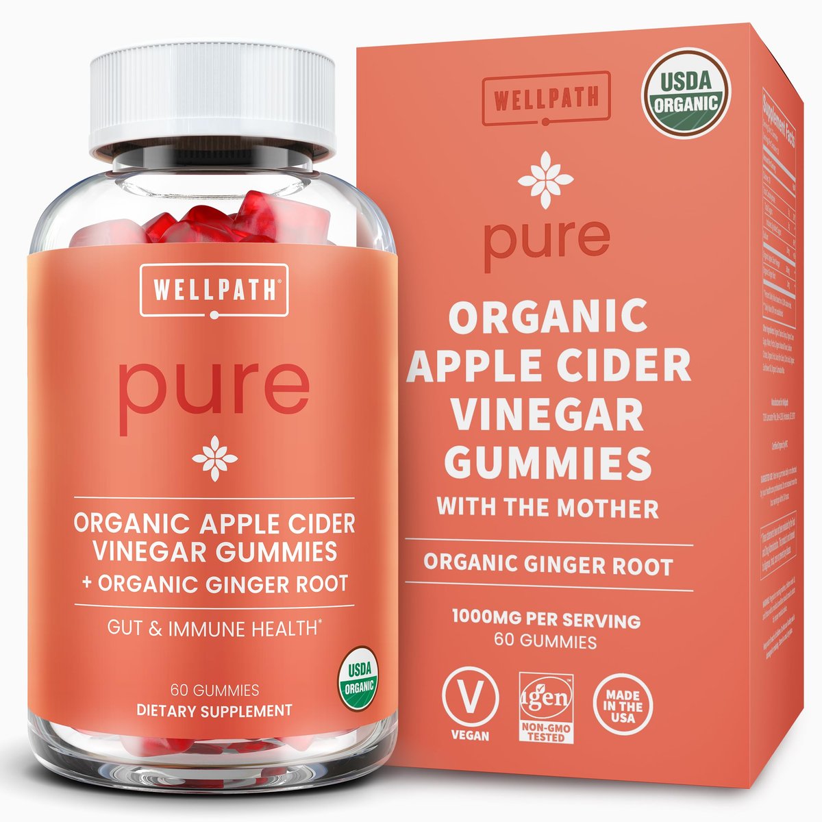 WellPath Bio-Apfelessig Gummibärchen mit der Mutter – USDA Bio ACV Gummis – Ingwer & Apfelessig mit Mutter für die Darmgesundheit – Vegan, Nicht-GVO, 60 Stück