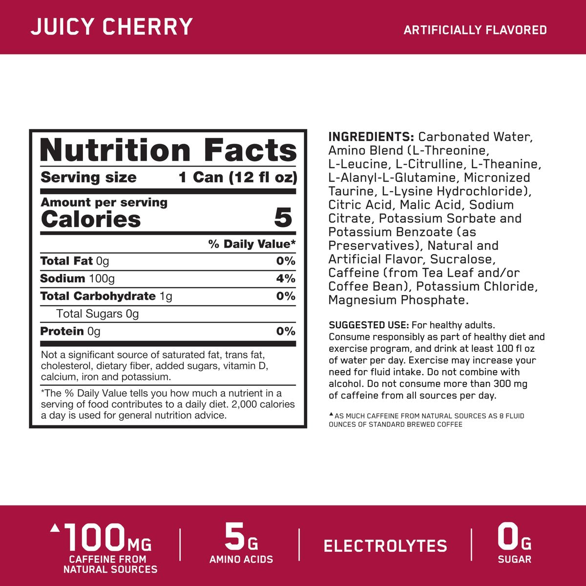 Optimum Nutrition Amino Energy Sparkling Hydration Drink, Elektrolyte, Koffein, Aminosäuren, BCAAs, Zuckerfrei, Saftige Kirsche, 12 x 355 ml