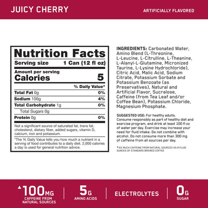 Optimum Nutrition Amino Energy Sparkling Hydration Drink, Elektrolyte, Koffein, Aminosäuren, BCAAs, Zuckerfrei, Saftige Kirsche, 12 x 355 ml