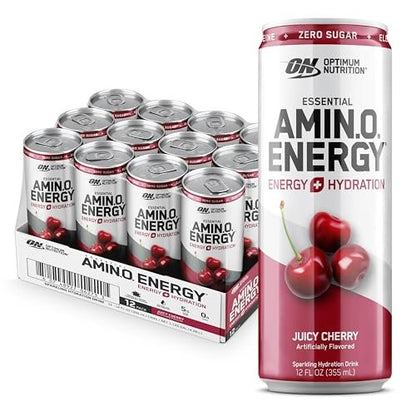 Optimum Nutrition Amino Energy Sparkling Hydration Drink, Elektrolyte, Koffein, Aminosäuren, BCAAs, Zuckerfrei, Saftige Kirsche, 12 x 355 ml