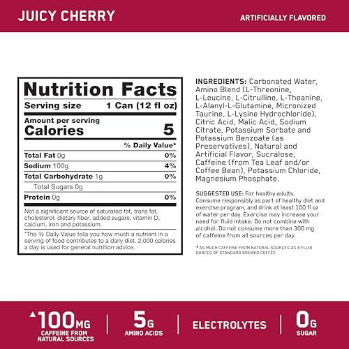 Optimum Nutrition Amino Energy Sparkling Hydration Drink, Elektrolyte, Koffein, Aminosäuren, BCAAs, Zuckerfrei, Saftige Kirsche, 12 x 355 ml
