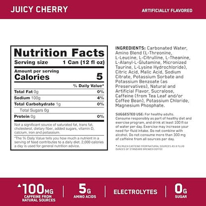 Optimum Nutrition Amino Energy Sparkling Hydration Drink, Elektrolyte, Koffein, Aminosäuren, BCAAs, Zuckerfrei, Saftige Kirsche, 12 x 355 ml